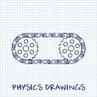 Chain with cogwheels drawing on white squared paper sheet background