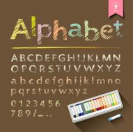 Hand drawn sketch alphabet and numbers with pastel color box