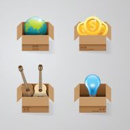 objects in open box vector set design concept illustration