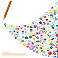 Creative splash pencil with colorful icons set