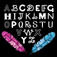 Hand drawn alphabet watercolor feathers