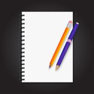 Notebook on it pen and pencil black background vector