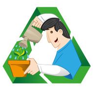 person watering a plant on the recycling symbol