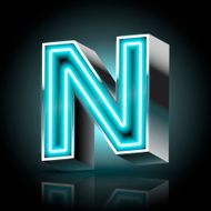 3d blue neon light letter N