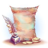 Vector banner with old paper money and feather