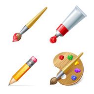 Education icons Pencil palette paint tube and brush with