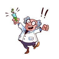 Happy professor in a white robe with chemical flask