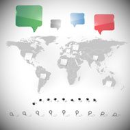 world map with stationery nails note papers and dialog boxes