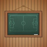 Realistic blackboard on wooden background drawing a Stadium socc