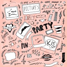 Set of hand drawn doodle photo party items