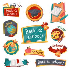 School banners badges with education icons and symbols