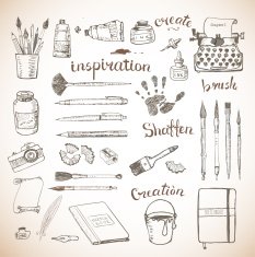 Sketches of artist's and writer's tools hand drawn with ink N2