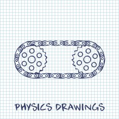 Chain with cogwheels drawing on white squared paper sheet background