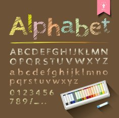 Hand drawn sketch alphabet and numbers with pastel color box