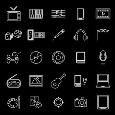 Entertainment line icons on black background