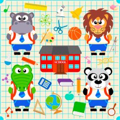 Back to school seamless background with funny animals