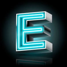 3d blue neon light letter E