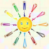 background with colored pencils and sun
