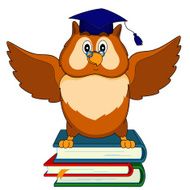 owl sits on the books
