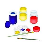 Color Paint Jars and Palette with Artist Brushes