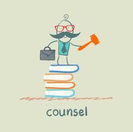 counsel stands on a pile of books