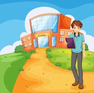 boy holding a book standing outside the school building