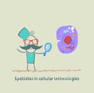 Specialist in cellular technologies is looking through a magnifying glass