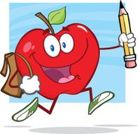 Happy Red Apple With School Bag And Pencil