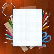 blank paper with school supplies tools on wood background N2