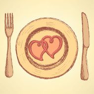 Sketch hearts on the plate in vintage style