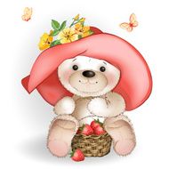 Bear in the hat sitting with a basket of strawberries