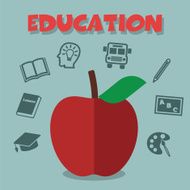 red apple with education icons