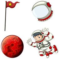 An astronaut a helmet banner and planet