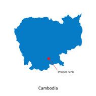 Detailed vector map of Cambodia and capital city Phnom Penh