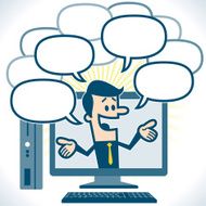 Talking businessman with a pc