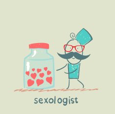 Sexologist stands near the banks filled with hearts