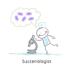 bacteriologist microscope looks and thinks about bacteria