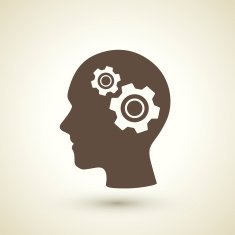 retro style gear in human's brain icon