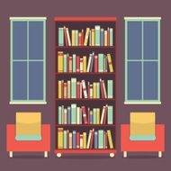 Flat Design Reading Seats and Bookcase Vector Illustration N3