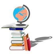 stack of books with globe