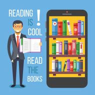 Man hold book and smartphone with bookshelves Read the books