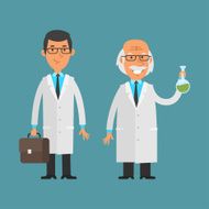 Old and young scientist standing smiling