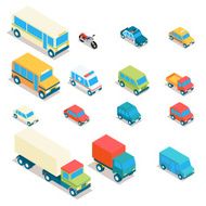 Isometric city transport and trucks vector icons Cars minibus bus