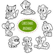 Vector colorless set of Christmas cute cartoon animals N2