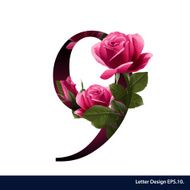 Alphabet number nine with flower Vector illustration