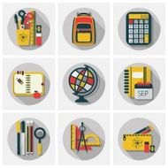 School stationery icons set with long shadow on gray background N2