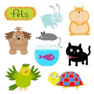 Vector pets set Cat dog fish hamster parrot turtle Flat N2