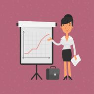 Businesswoman points on flip-chart with graph