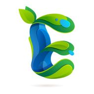 E letter volume ecology logo with leaves and water drops