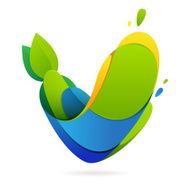 V letter volume ecology logo with leaves and water drops